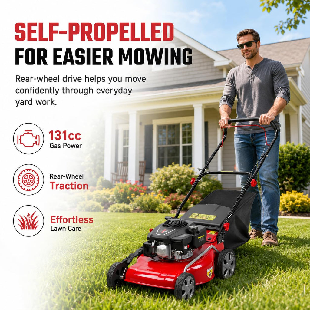 3 in 1 Self Propelled Gas Lawn Mower, 131cc 4-Stroke Engine with 50L Grass Bag &amp; Big Wheels, 3-in-1 Mulching/Side Discharge/Rear Bag, Push Button Start for Medium to LarLawns Red