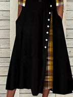 Fashion Check Printed V-neck Long Sleeve Casual Maxi Dress