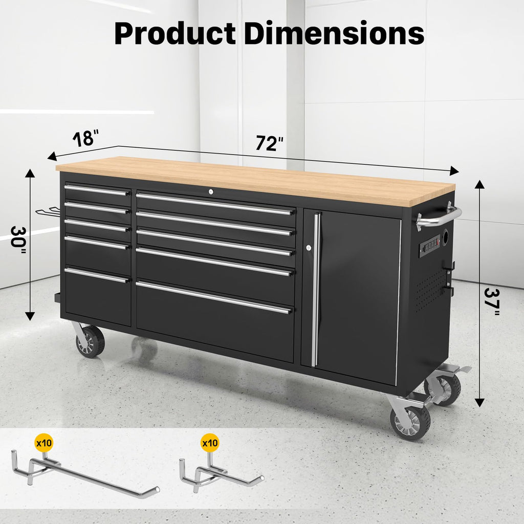 72" Rolling Tool Chest, Heavy-Duty Tool Box with Power Outlet, Tool Cabinet with 10 Drawers, Rubber Workbench with Key LocSystem Drawer Liners for GaraWarehouse Repair Shop