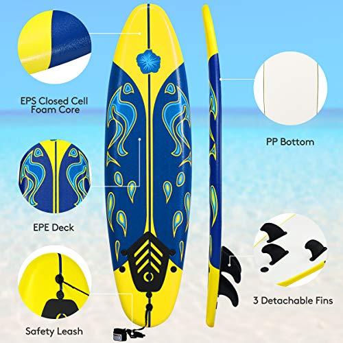 Giantex 6 Surfboard Surfing Surf Beach Ocean Body Foamie Board with Removable Fins, Great Beginner Board for Kids, Adults and Ch