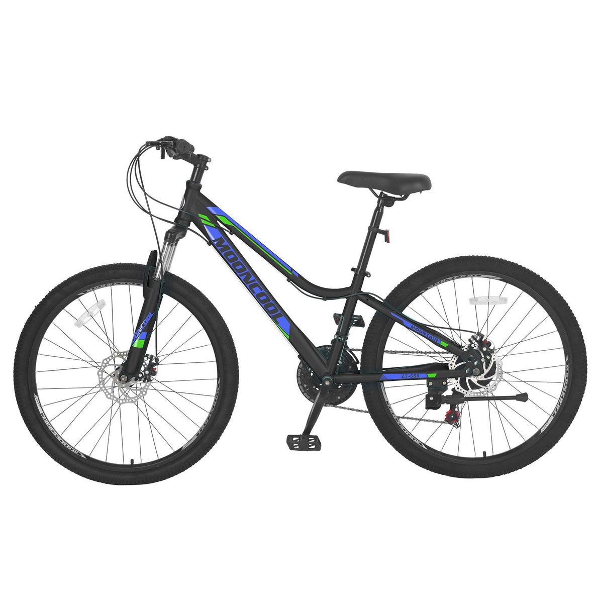 Mooncool Mountain Bikes Adults MTB Bike, Disc Brakes Mountain Bicycles, 21 Speeds, Aluminum Frame, 26 Inches Wheels Outroad Bikes(Blue&amp;Green) for Mens Womens