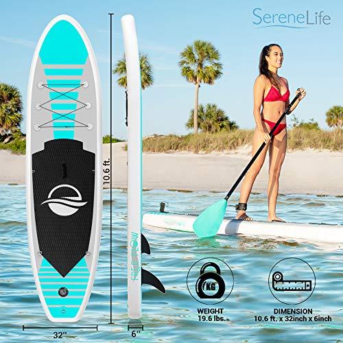 SereneLife Inflatable Stand Up Paddle Board (6 Inches Thick) with Premium SUP Accessories &amp; Carry Bag, Wide Stance, Bottom Fin f