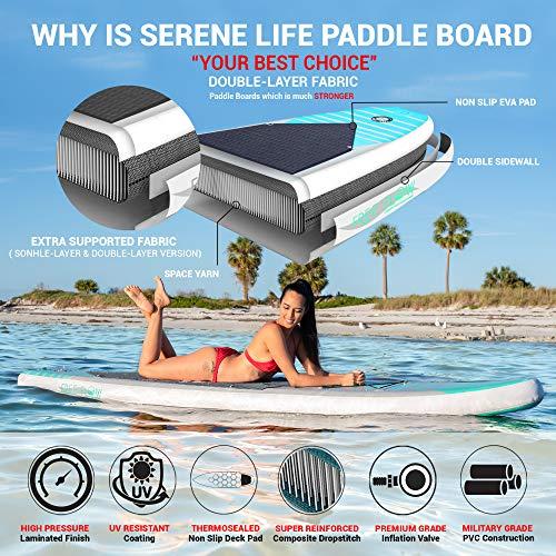 SereneLife Inflatable Stand Up Paddle Board (6 Inches Thick) with Premium SUP Accessories &amp; Carry Bag, Wide Stance, Bottom Fin f