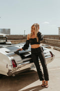 read ruched satin black top