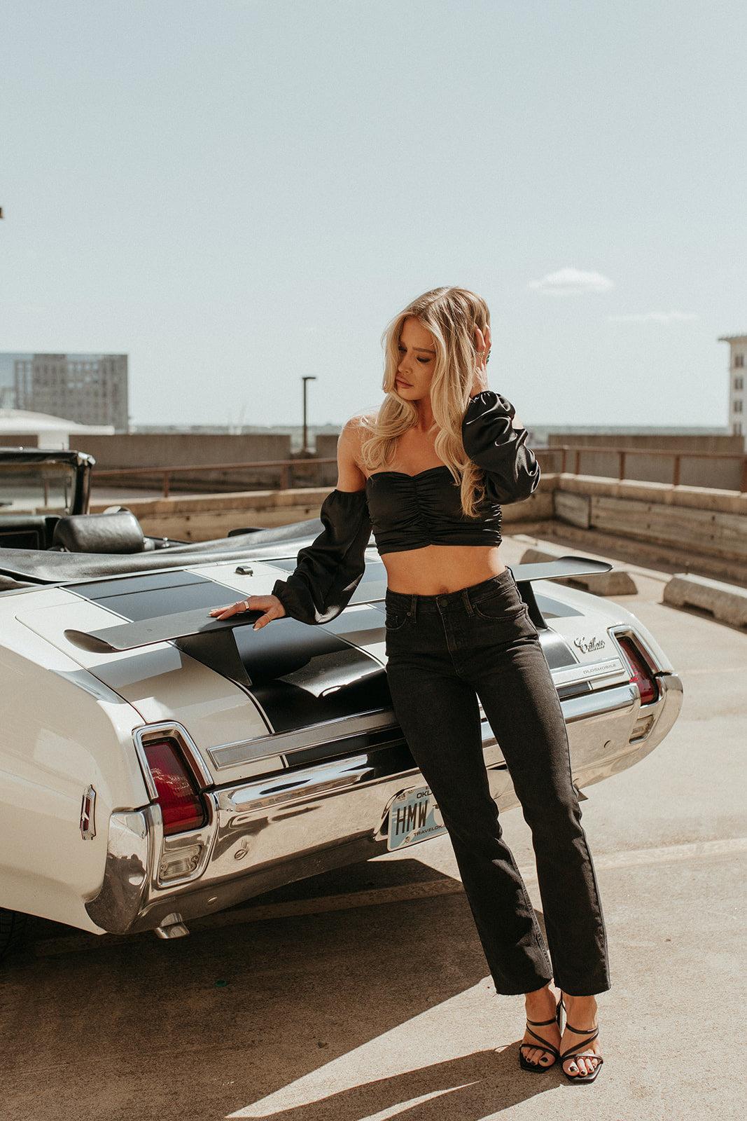 read ruched satin black top
