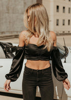 read ruched satin black top