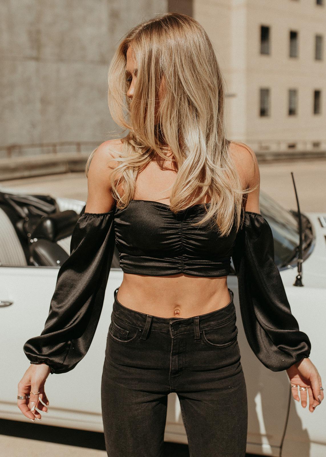 read ruched satin black top