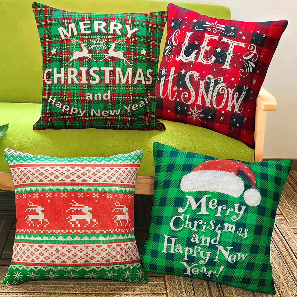 Christmas Holiday Pillowcase Set of 4 Pillowcases Cotton Linen Print Santa hat Elk Hug Pillowcase 18x18 inches, Christmas Hug Pillowcase for Home and car Decoration