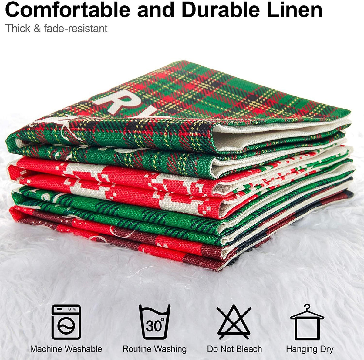 Christmas Holiday Pillowcase 18x18 inch Set of 4 Pillowcases Winter Cotton Linen Printed Buffalo Plaid Green and red Christmas hat elk Hug Pillowcase, Christmas Home and car Decoration