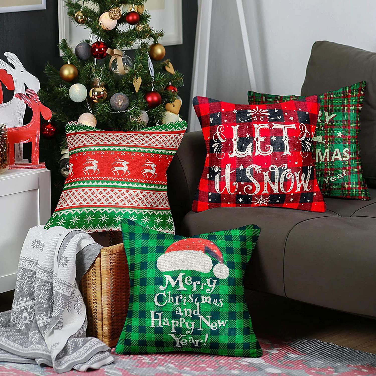Christmas Pillows 18 x 18 inch 4 Piece Set Holiday Decoration Winter Decoration Green and red Buffalo Plaid Rustic Cotton Linen Printed Christmas Sofa Decorative Pillowcase