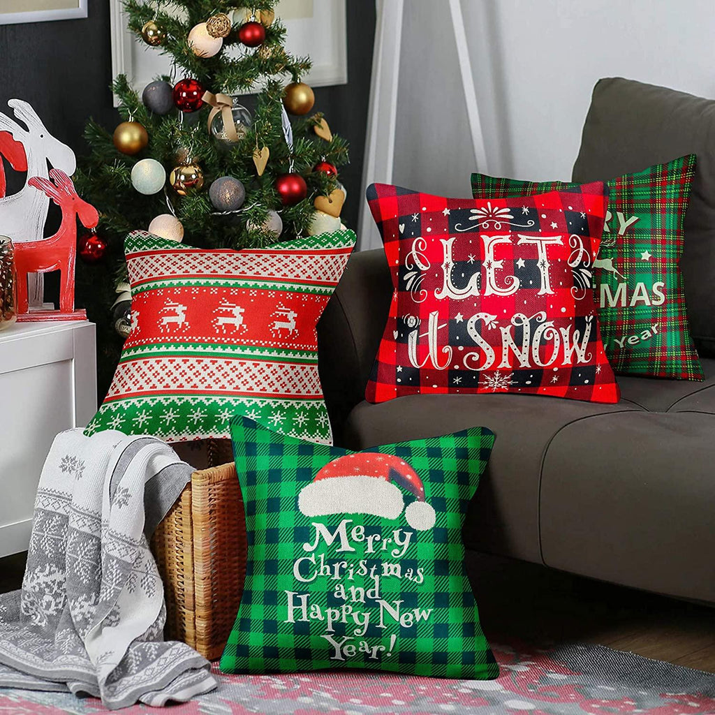Christmas Pillowcase 18×18 inch Set of 4 Pillowcases red and Green Holiday Sofa Linen Pillowcase Christmas Series Decorations Cushion Cover Hugging Pillowcase Invisible Zipper Square Pillowcase
