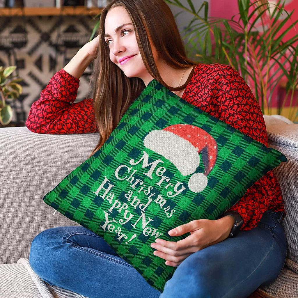Christmas Throw Pillow Covers 18 x 18 Inch Set of 4 Holiday Decorations Winter Decorative Green and Red Buffalo Plaid Rustic Pillowcase for Christmas Home Sofa Couch Decor