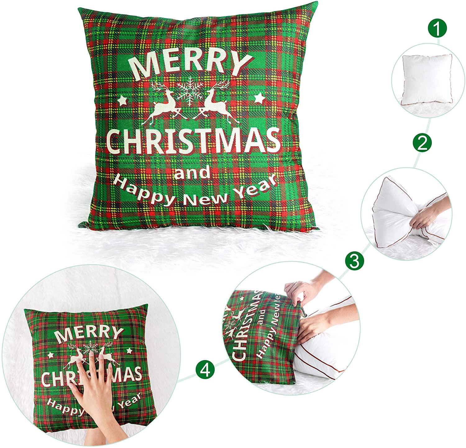 Christmas Pillowcase 18×18 inch red and Green Holiday Farmhouse Sofa Linen Pillowcase Christmas Series Decorations Cushion Cover Hugging Pillowcase Invisible Zipper Square Pillowcase（4 Pillowcases）