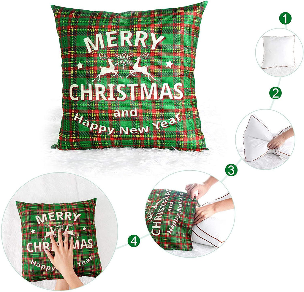 Christmas Pillow Set of 4 Pillowcases 18x18 Inch Buffalo Plaid Holiday Sofa Linen Pillows Christmas Decorations Xmas Cushion Invisible Cover Zipper Square Pillowcase