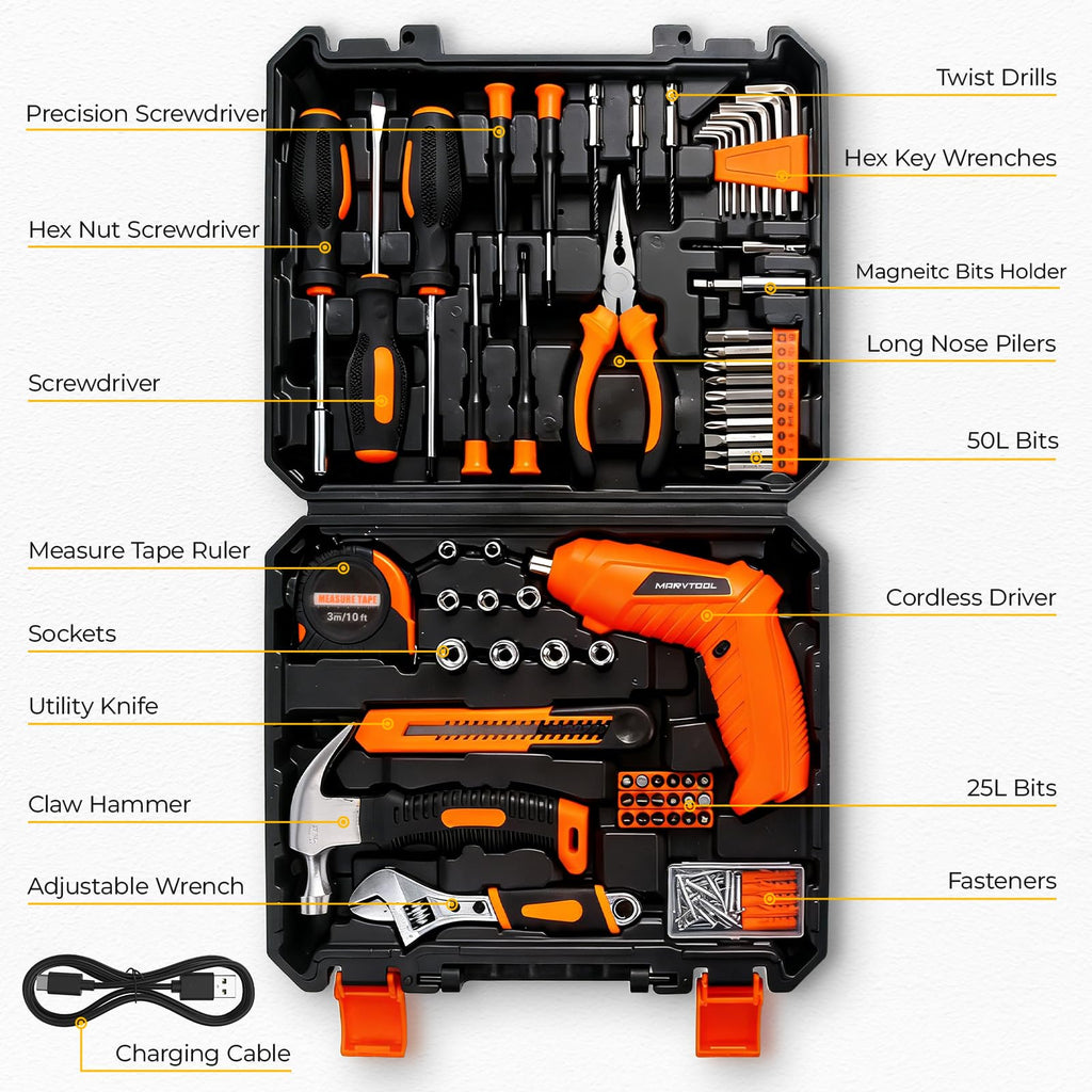 140 Piece Basic Tool Set, Portable Tool Box with Cordless Drill, Home Repair Hand Tool Kit, General Household Drill Set, Toolbox with StoraCase for Homeowner, DIY, Handyman, Women, Men