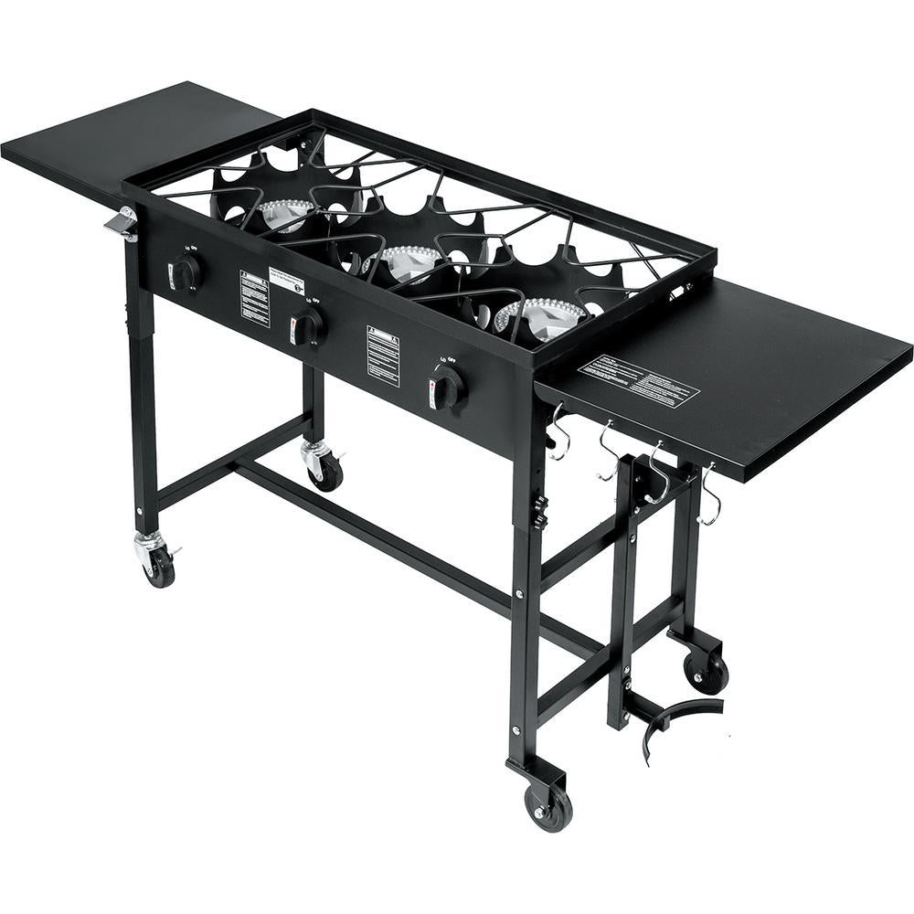 87,000 BTU Outdoor Camping Propane Triple Burner Stove CooStation with Folding Side Shelves