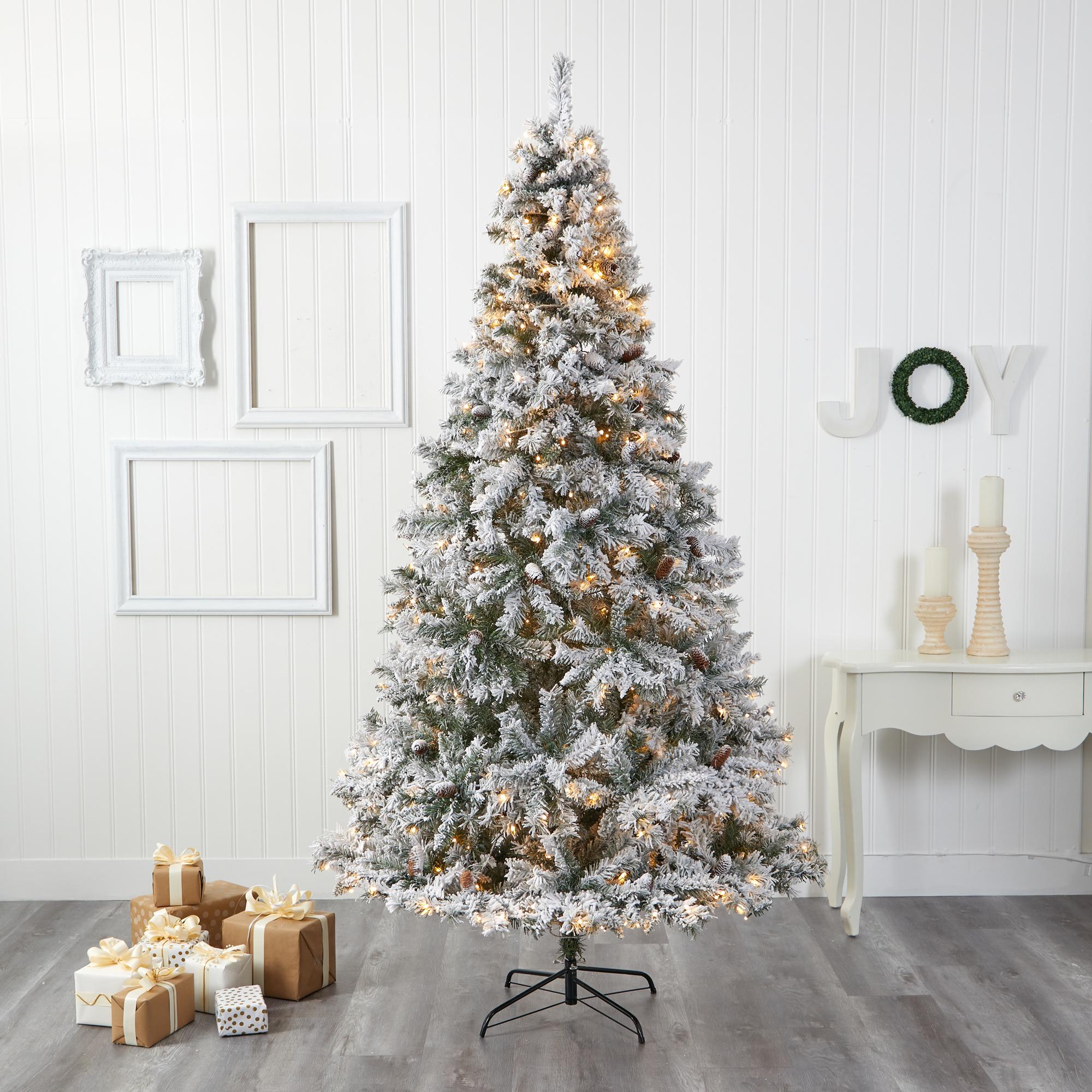 Nearly Natural 8' Flocked Pine Artificial Christmas Tree, White