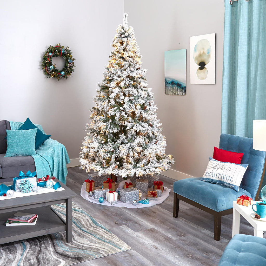Nearly Natural 8' Flocked Pine Artificial Christmas Tree, White