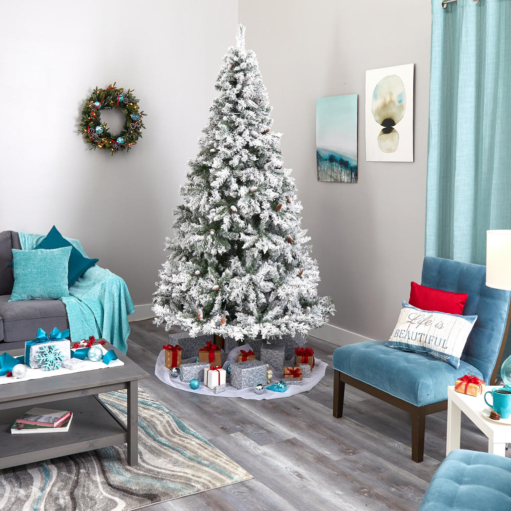 Nearly Natural 8' Flocked Pine Artificial Christmas Tree, White