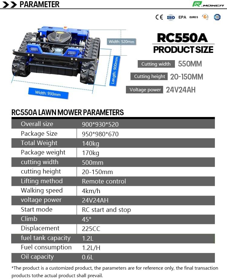 Remote Control Lawn Mower, Crawler Track All-Terrain System, Hybrid Oil-Electric Power for Steep Slopes and LarLawns, Adjustable Cutting Height