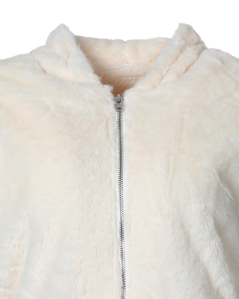 fluffy zip front long sleeve hooded teddy coat