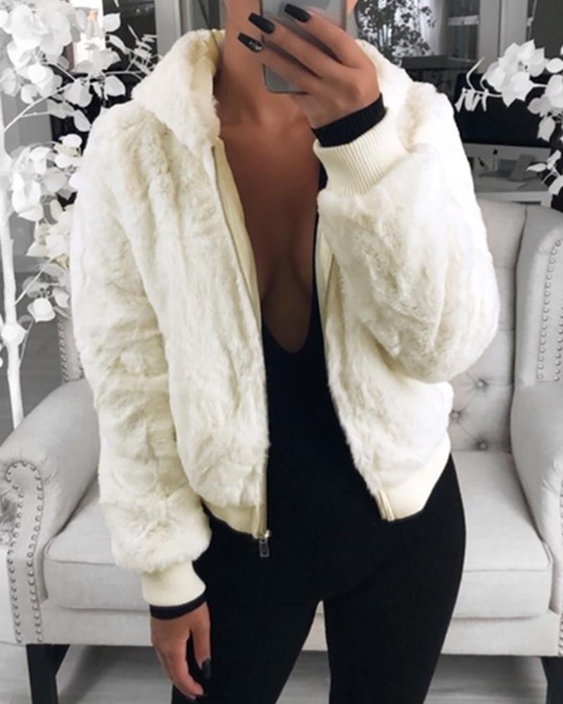 fluffy zip front long sleeve hooded teddy coat