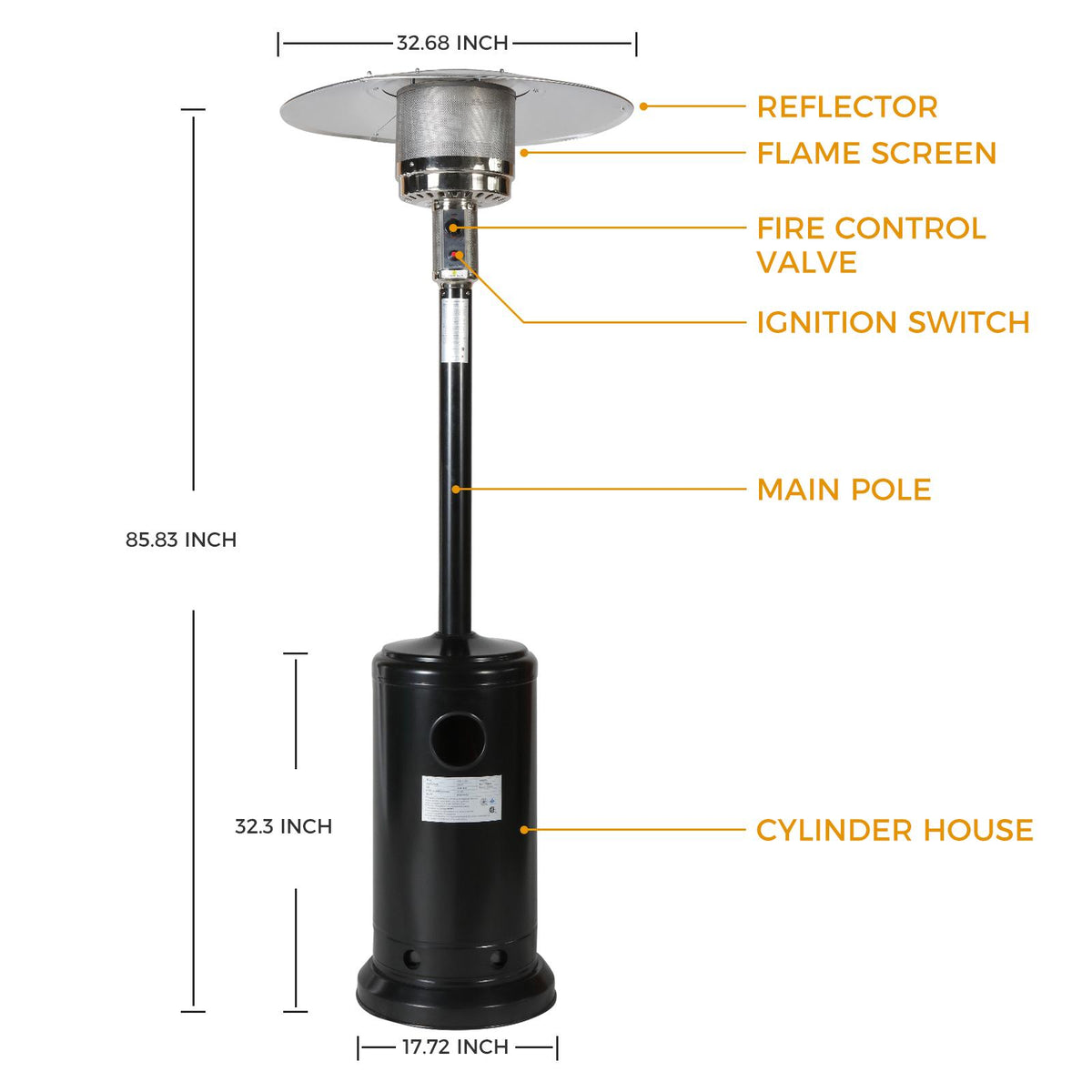 Dcenta 46000BTU Propane Black powder coated Iron Mushroom Outdoor Patio , with Two Smooth-rolling Wheels,with Hose Set,with Black Cover