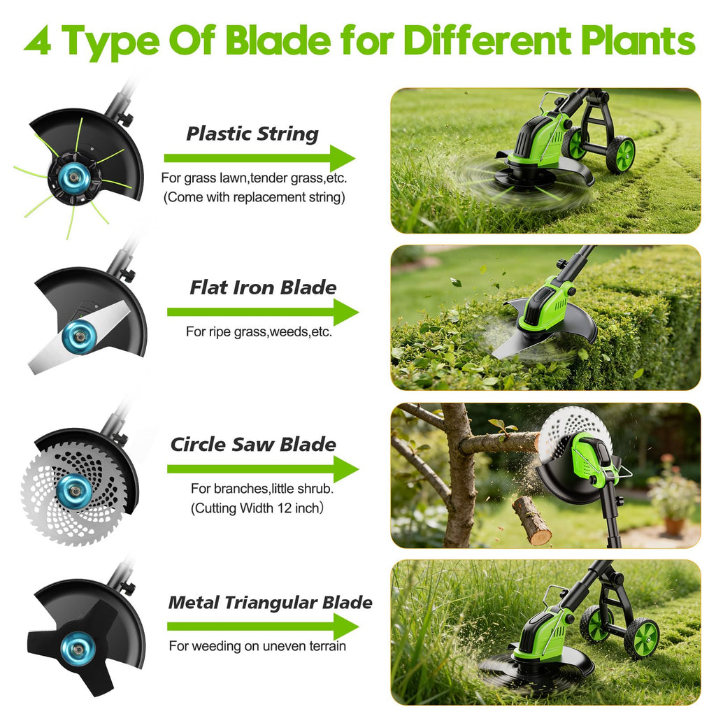 20000 RPM Electric Weed Wacker Cordless, 12″ Brushless Weed Eater Battery Powered with Wheel, 4-in-1 Grass Trimmer/Brush Cutter/String Trimmer, Lawn Mower Edger Stringless Weed Trimmer, 2 Battery Tool