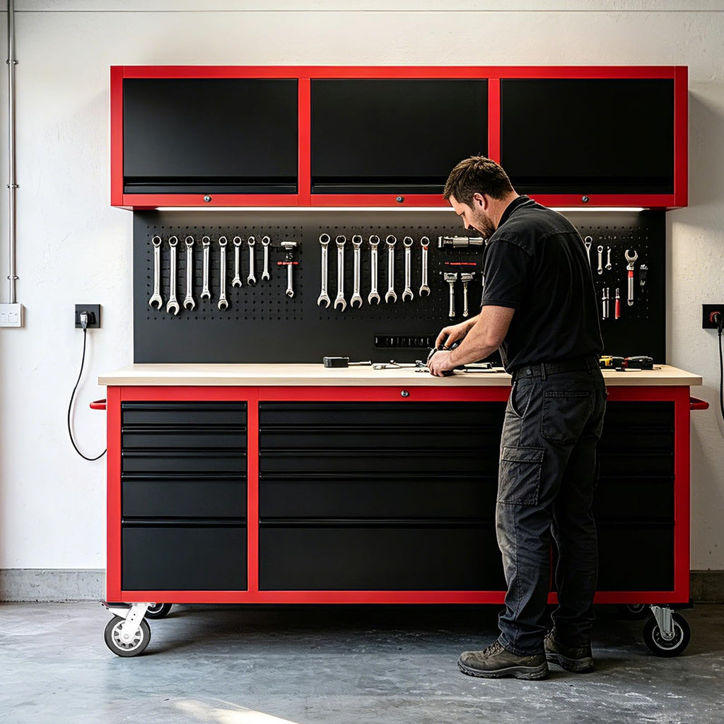72" Rolling Tool Chest with 15 Drawers - Heavy Duty GaraWorkbench with Power Strip & Pegboard - 18" Deep 1.2" Thick Solid Top, Lockable Tool StoraCabinet for Professional Mechanic