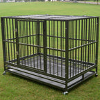Heavy Duty 36/42/48 inch Dog Crate Strong Folding Metal Pet Kennel Playpen with Three Prevent Escape Lock, LarDogs Cawith Four Wheels, Black Silver