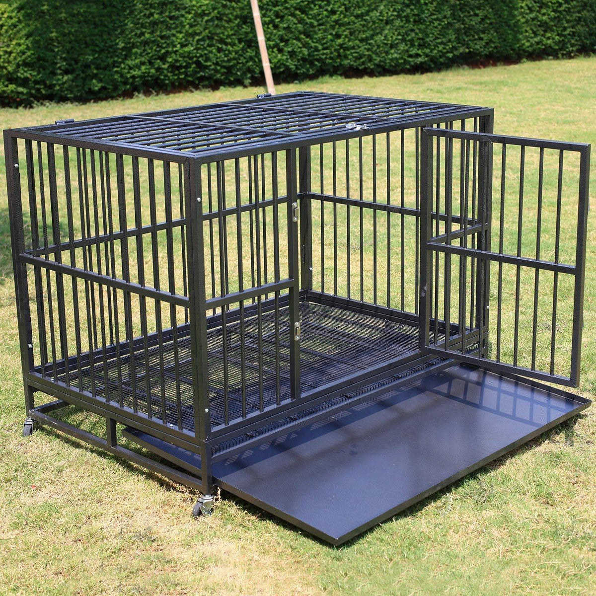 Heavy Duty 36/42/48 inch Dog Crate Strong Folding Metal Pet Kennel Playpen with Three Prevent Escape Lock, LarDogs Cawith Four Wheels, Black Silver