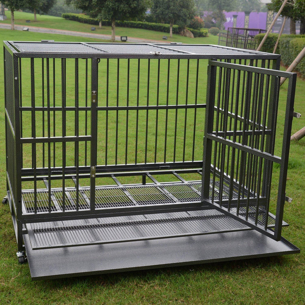 Heavy Duty 36/42/48 inch Dog Crate Strong Folding Metal Pet Kennel Playpen with Three Prevent Escape Lock, LarDogs Cawith Four Wheels, Black Silver