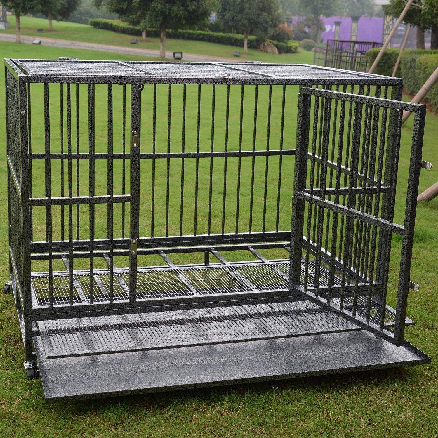 Heavy Duty 36/42/48 inch Dog Crate Strong Folding Metal Pet Kennel Playpen with Three Prevent Escape Lock, LarDogs Cawith Four Wheels, Black Silver