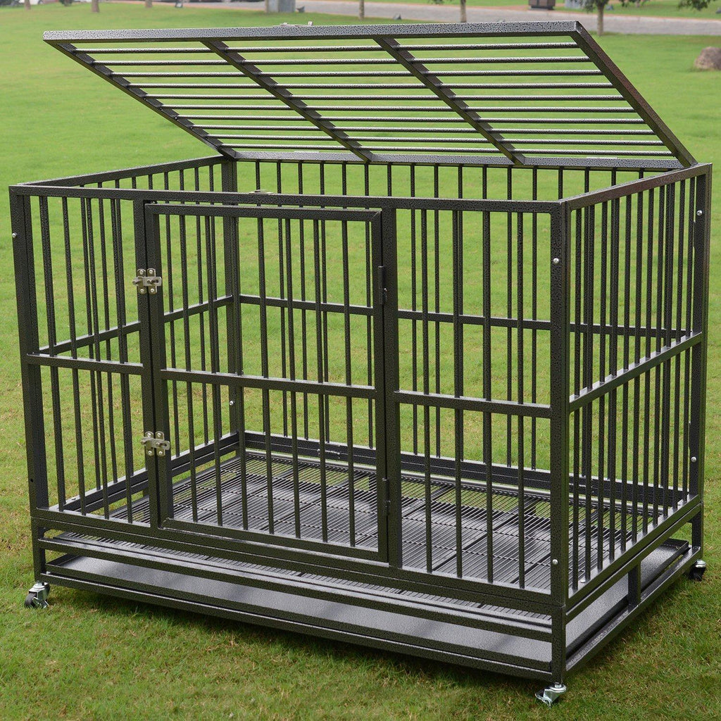 Heavy Duty 36/42/48 inch Dog Crate Strong Folding Metal Pet Kennel Playpen with Three Prevent Escape Lock, LarDogs Cawith Four Wheels, Black Silver