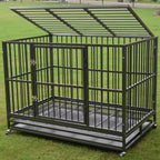 Heavy Duty 36/42/48 inch Dog Crate Strong Folding Metal Pet Kennel Playpen with Three Prevent Escape Lock, LarDogs Cawith Four Wheels, Black Silver