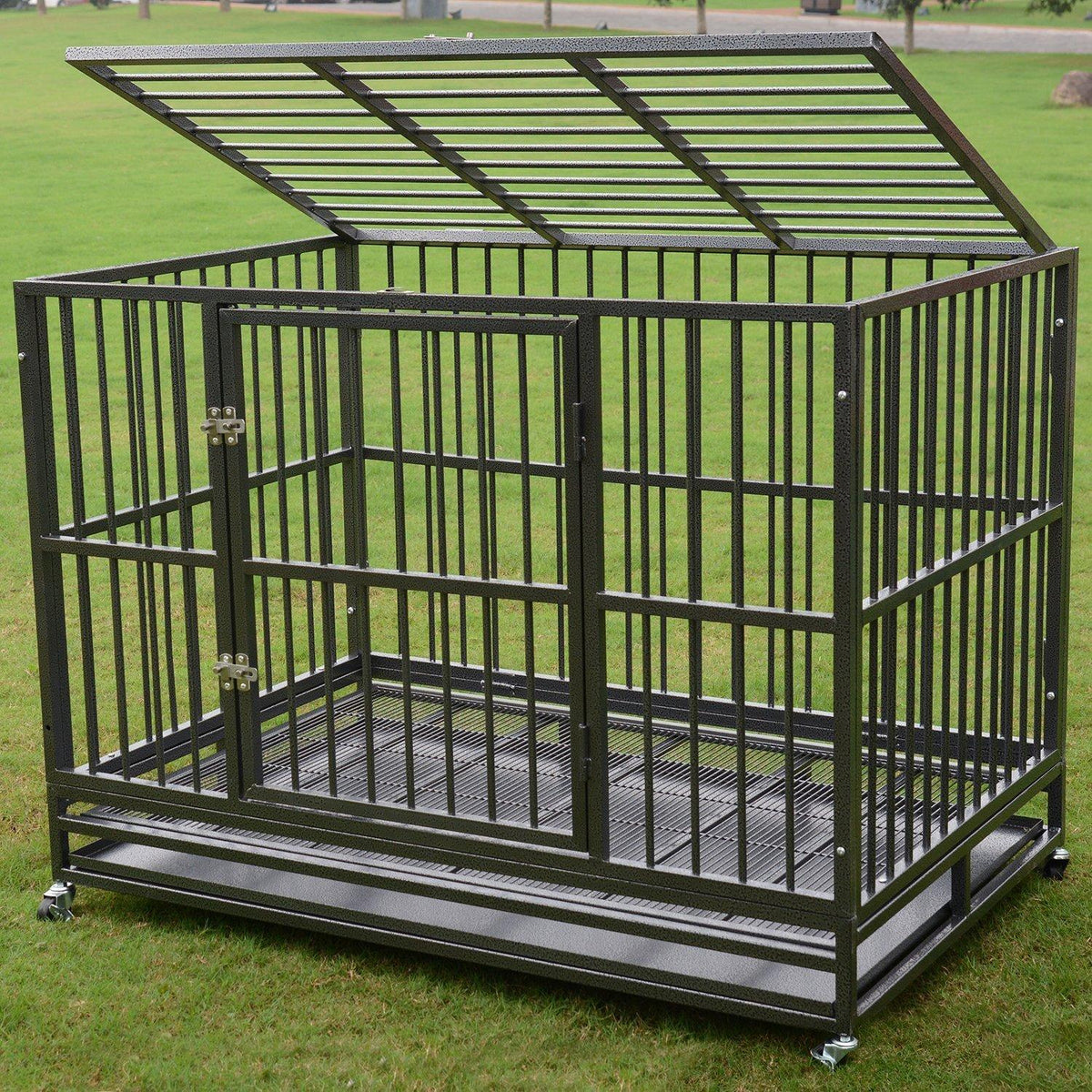Heavy Duty 36/42/48 inch Dog Crate Strong Folding Metal Pet Kennel Playpen with Three Prevent Escape Lock, LarDogs Cawith Four Wheels, Black Silver