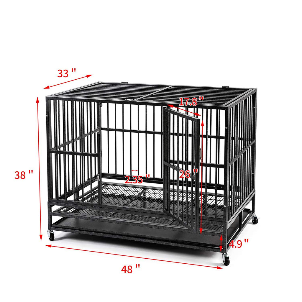 Heavy Duty 36/42/48 inch Dog Crate Strong Folding Metal Pet Kennel Playpen with Three Prevent Escape Lock, LarDogs Cawith Four Wheels, Black Silver