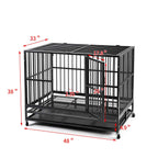 Heavy Duty 36/42/48 inch Dog Crate Strong Folding Metal Pet Kennel Playpen with Three Prevent Escape Lock, LarDogs Cawith Four Wheels, Black Silver