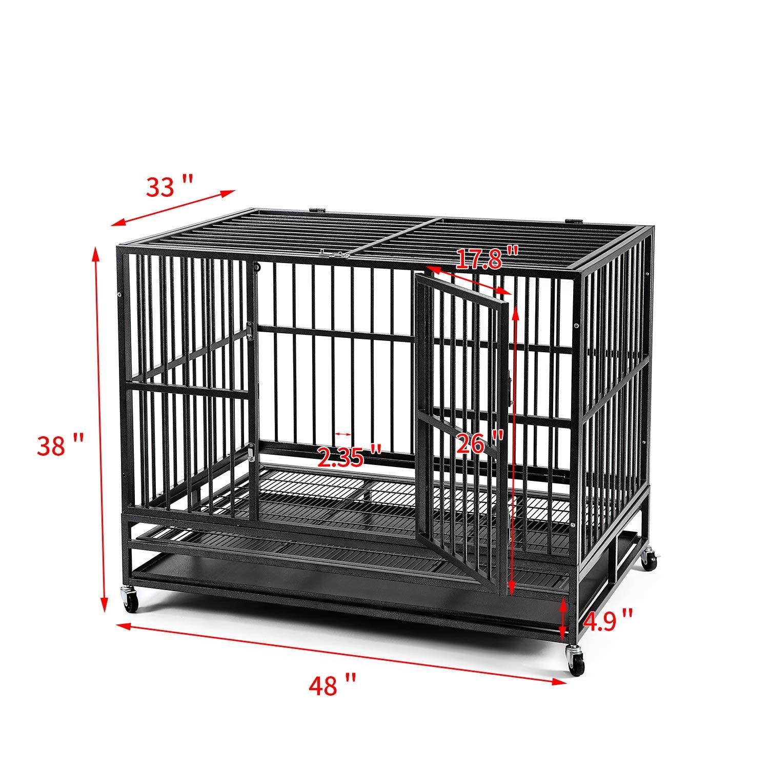 Heavy Duty 36/42/48 inch Dog Crate Strong Folding Metal Pet Kennel Playpen with Three Prevent Escape Lock, LarDogs Cawith Four Wheels, Black Silver