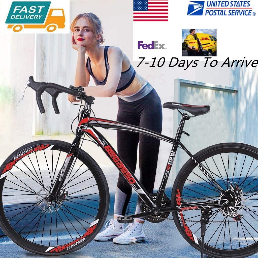 Road Bike Mountain Bicycle, HAIWAI 2021 Road Bike 700c Bicycle Cycling for Mens or Womens with 21 Speed Disc Brakes&amp;Full Suspension - 【US Warehouse Shipment】 (Red)