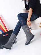 2021 Casual Big Size Pure Color Lace Up Mid Calf Flat Knight Boots