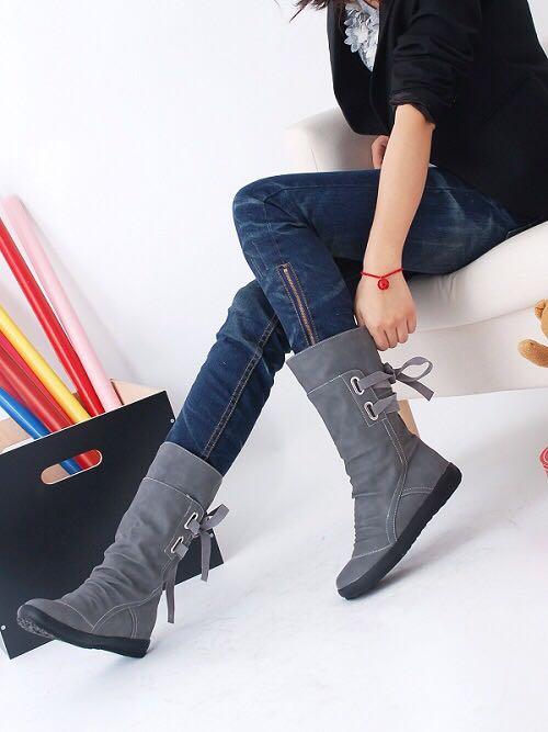 2021 Casual Big Size Pure Color Lace Up Mid Calf Flat Knight Boots