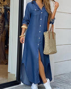 denim button through slit shirt dress