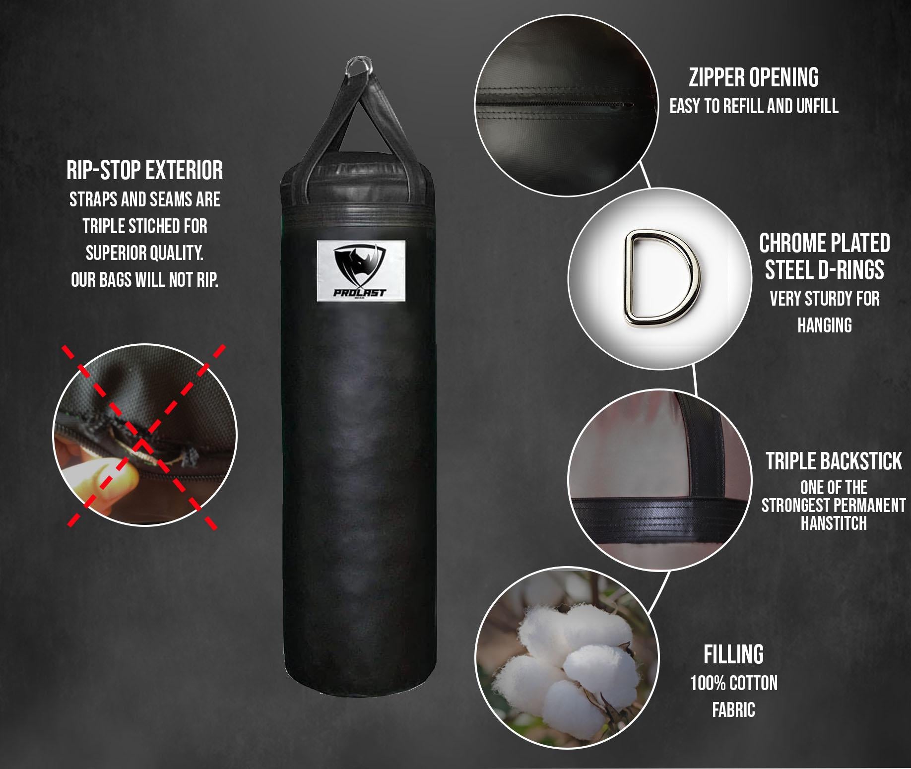 Prolast Heavy Bag for Punching and Kicking- Great for Boxing, MMA, Muay Thai and Kickboxing ( 4ft Black, FILLED with Bottom D-Ring), By Prolast