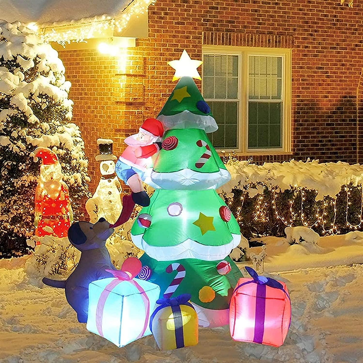 LUYIYI 6 Feet Inflatable Christmas Tree Funny Christmas Tree Blowing Santa's Dog Garden Holiday Decorations Outdoor Christmas Decorations with LED Lights-Green