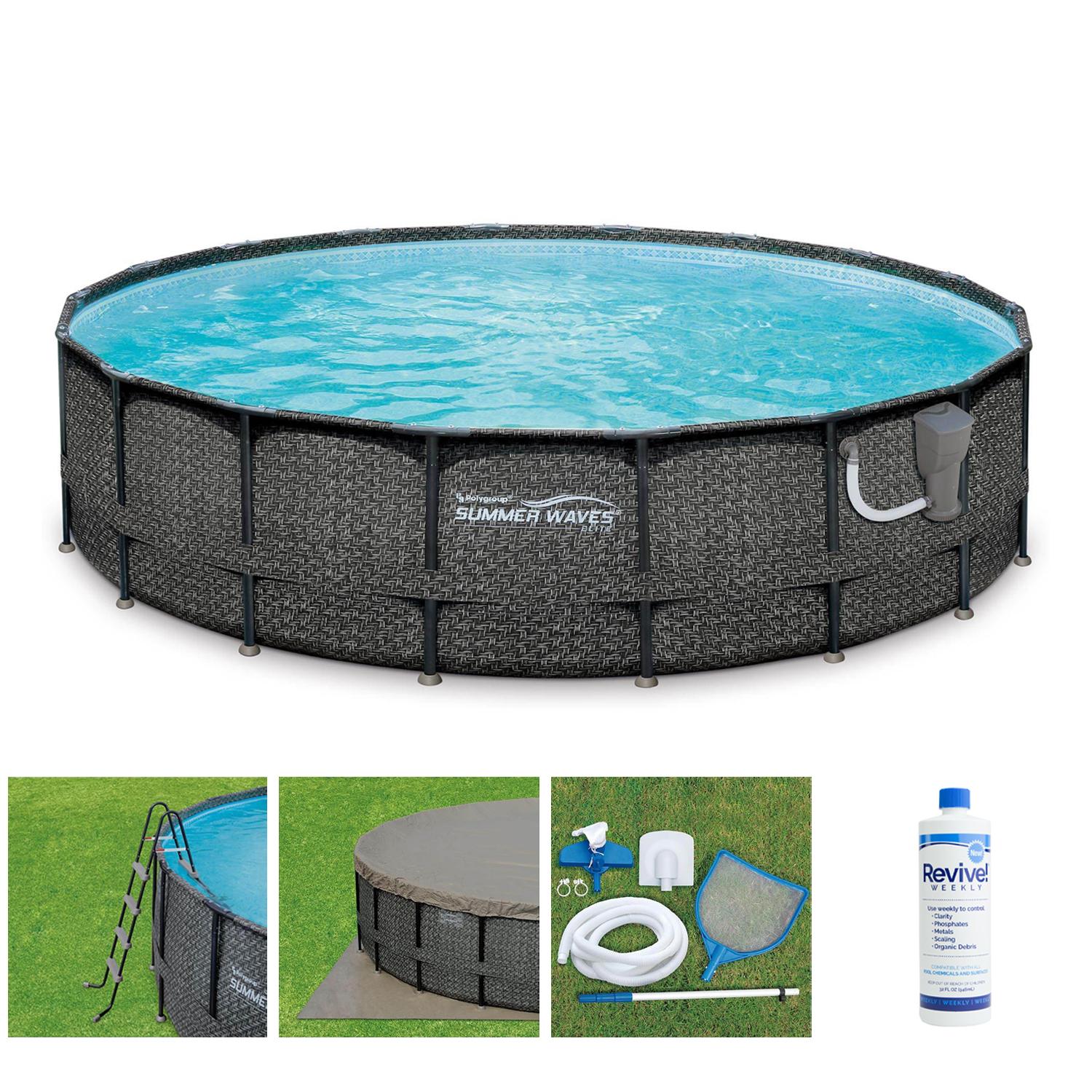 Summer Waves Elite P4A02048B 20ft x 48in Above Ground Frame Swimming Pool Set with Filter Pump, Pool Cover, Ladder, Ground