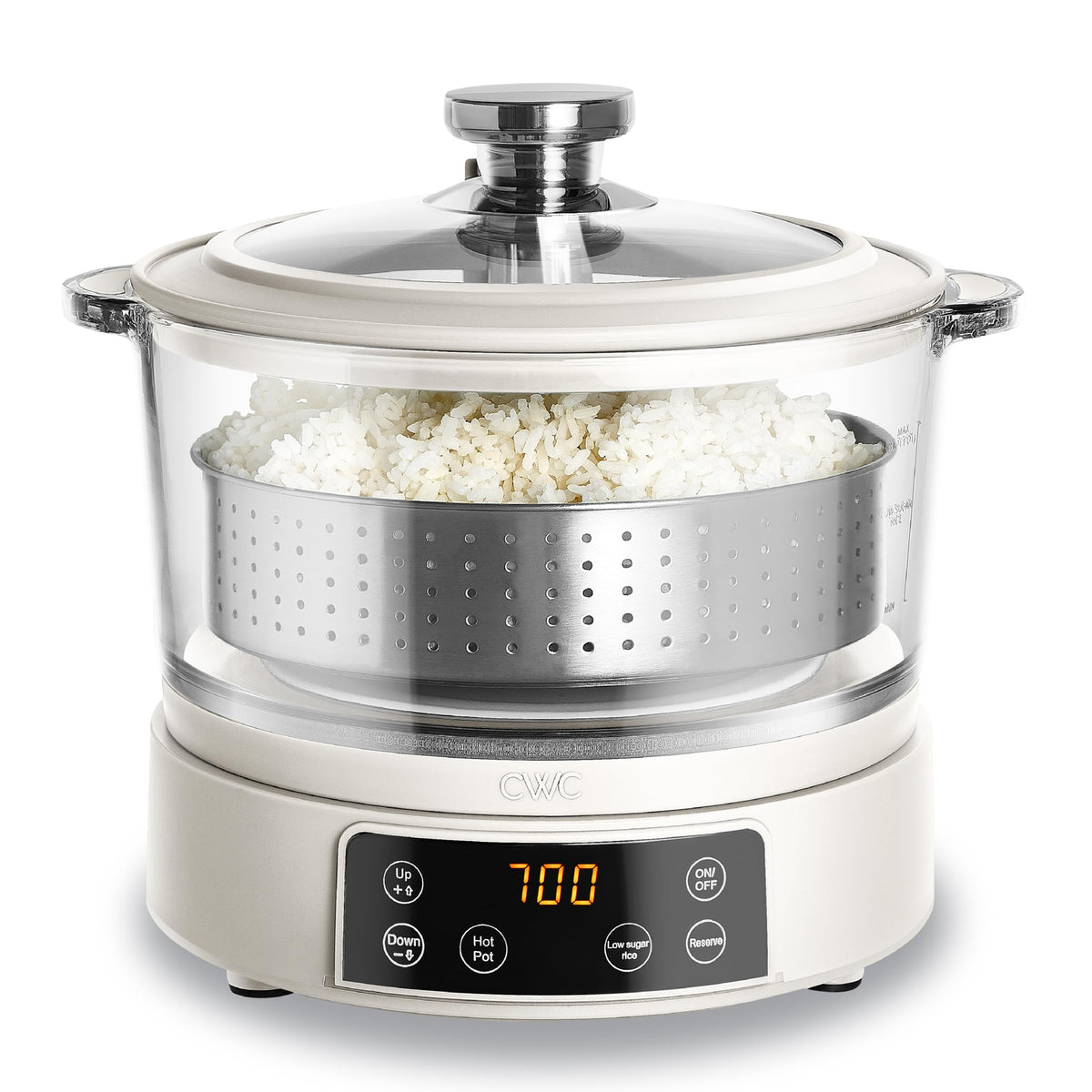 Glass Mini Low Carb Rice Cooker – Holds 2 Cups Raw/Makes 6 Cups Cooked with Auto Lift Filter Basket, Hotpot & Steamer for Rice, Grains, Digital Panel with Keep Warm, Cream