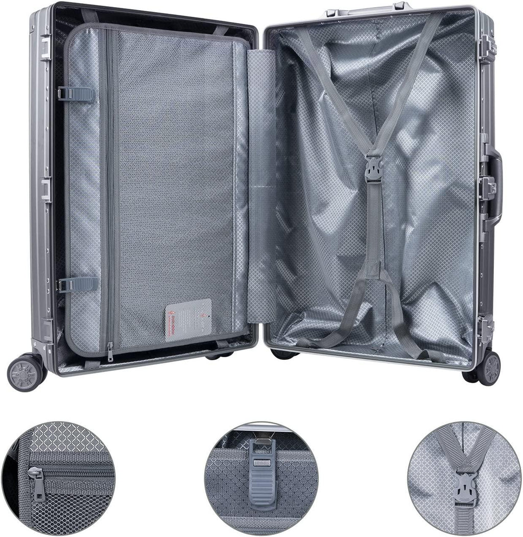 Aluminum Luggage Carry On Spinner Hard Shell Suitcase Lightweight Metal Suitcases (Grey, 24 inch)