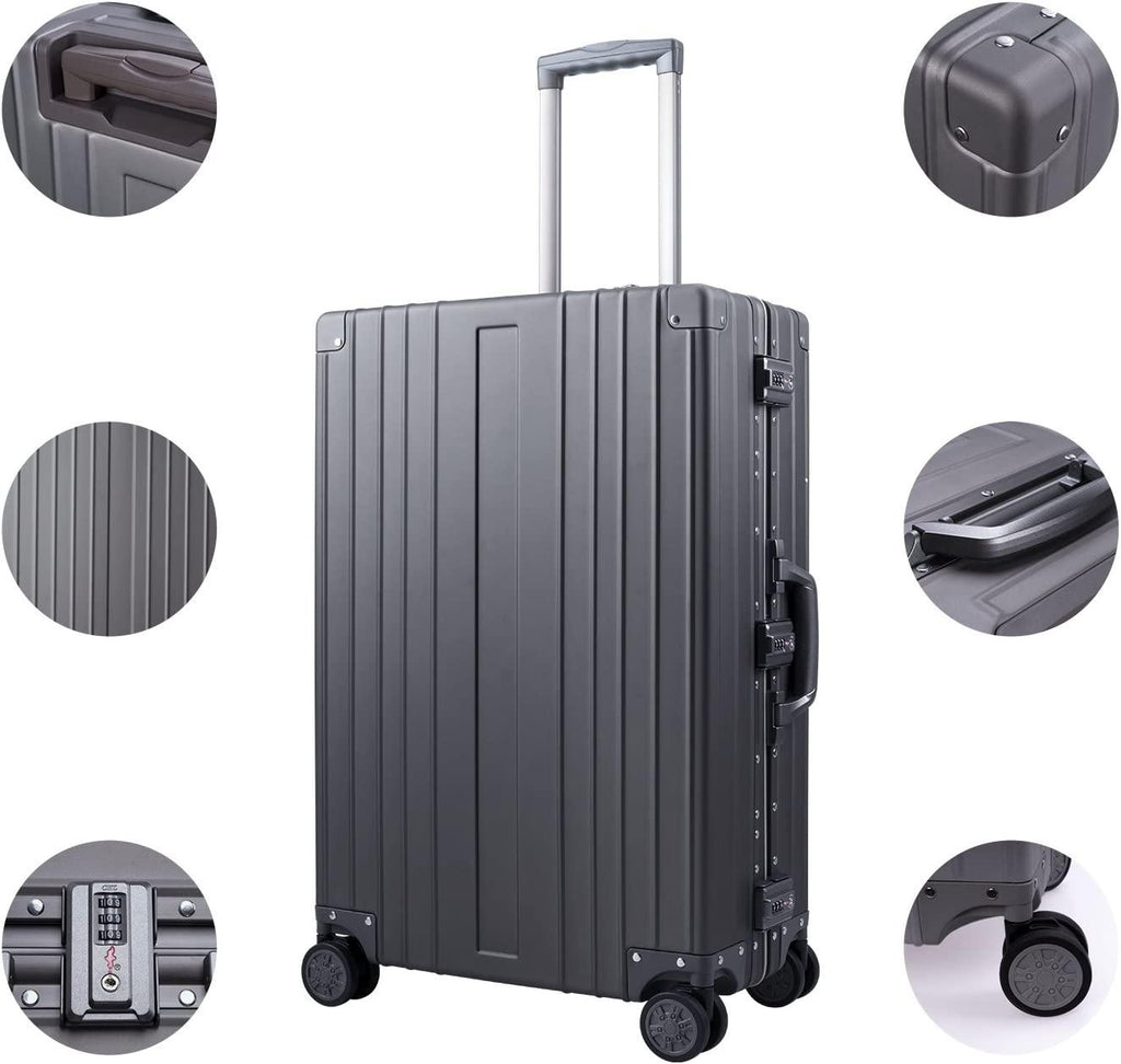 Aluminum Luggage Carry On Spinner Hard Shell Suitcase Lightweight Metal Suitcases (Grey, 24 inch)