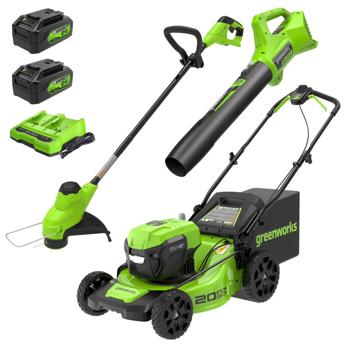 48V (24V x 2) 20" Brushless Cordless Lawn Mower + 12" String Trimmer + 320 CFM Leaf Blower Combo Kit with (2) 4.0Ah Batteries &amp; Dual Port Fast Charger